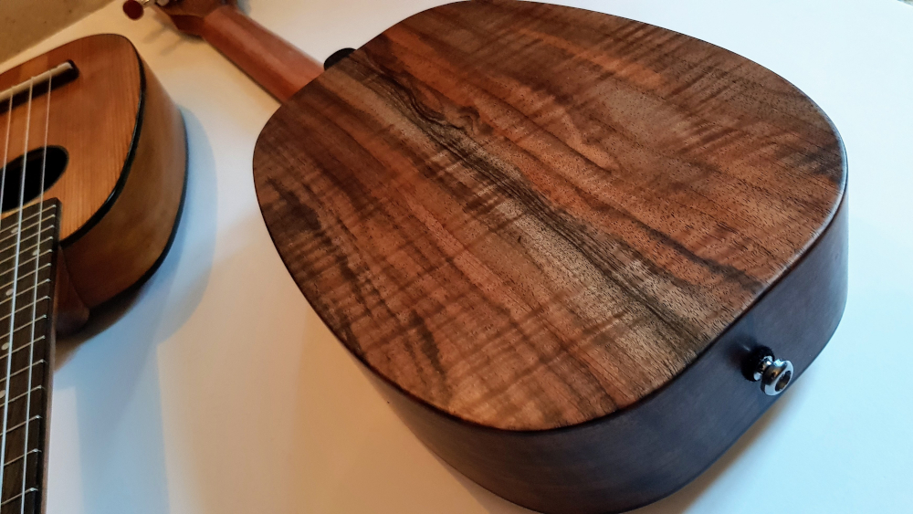tenor and pineapple, back view of tenor in figured walnut