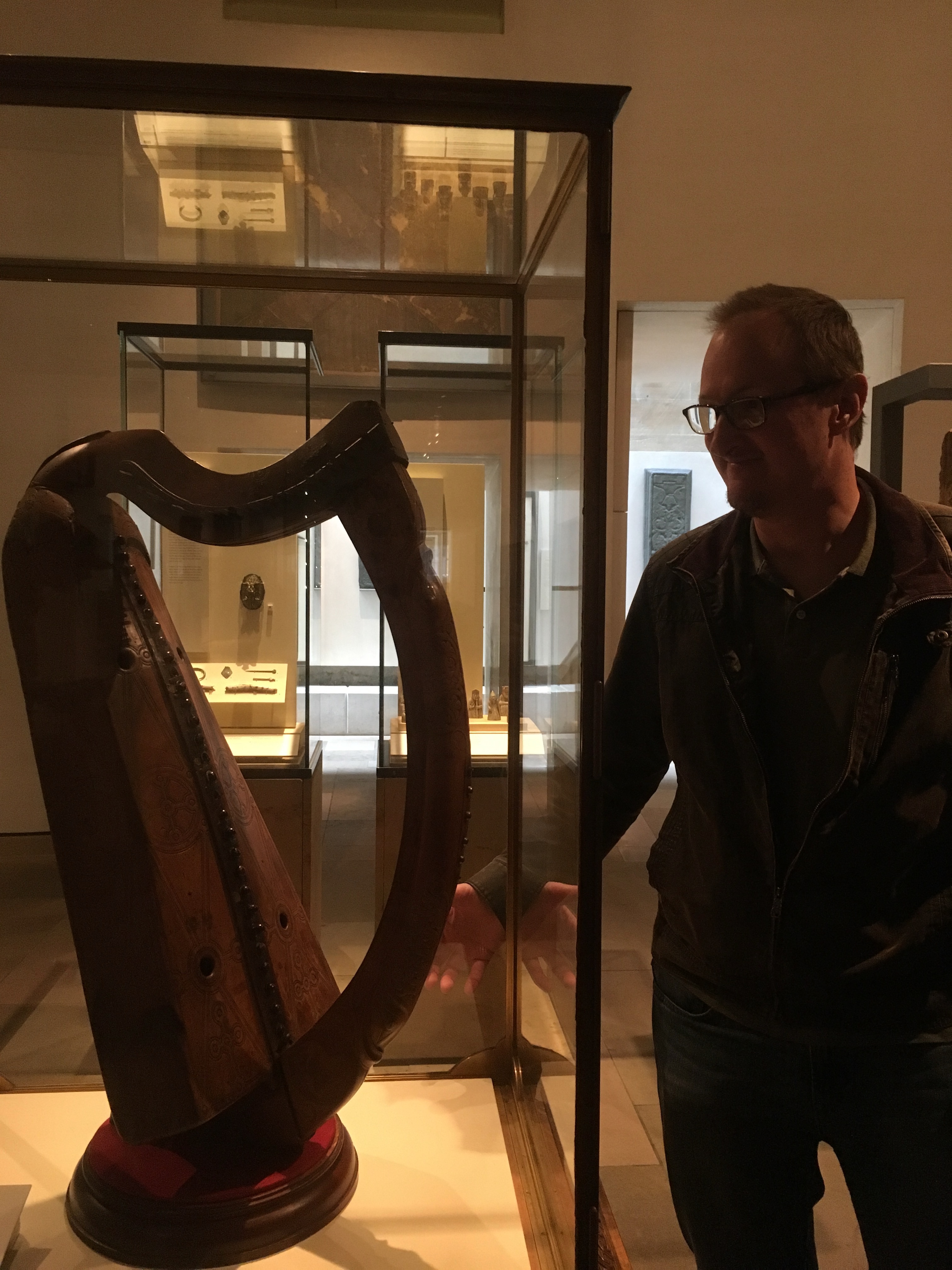 Michael J King at the Museum of Edinburgh visiting the Queen Mary Harp